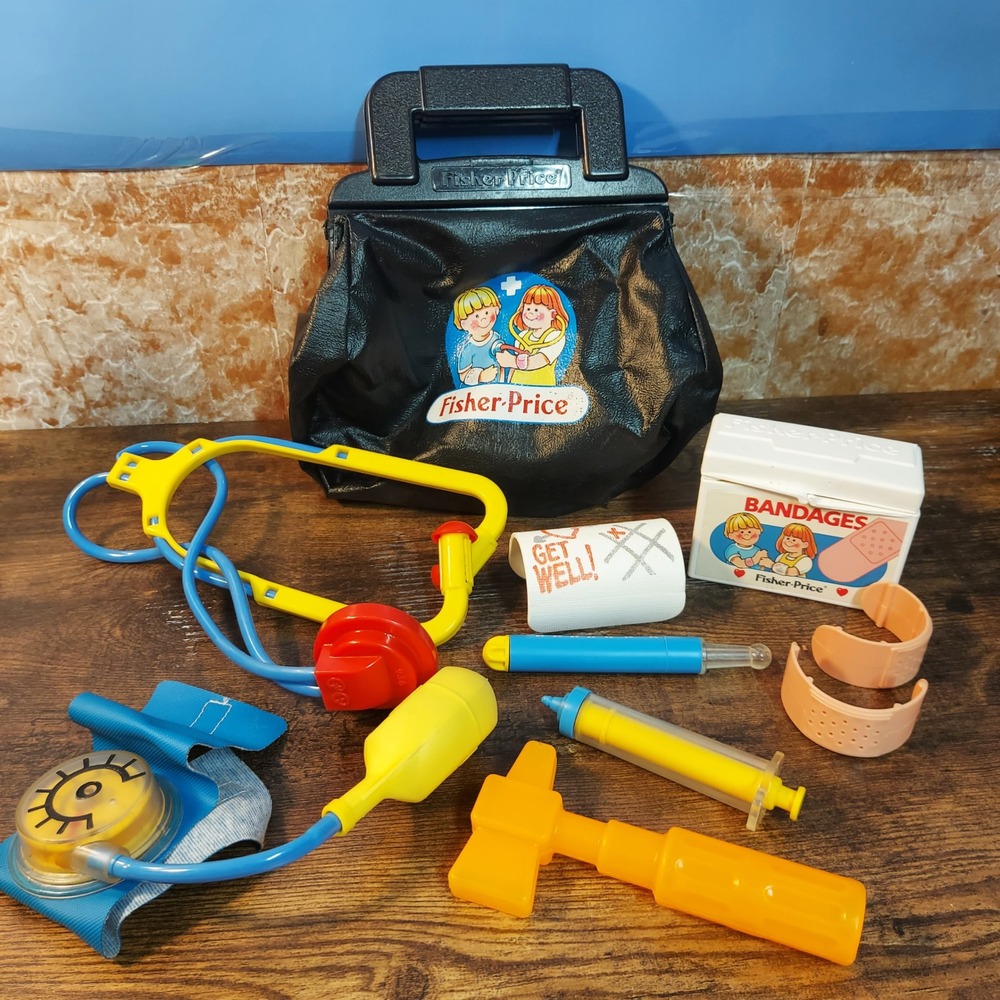 Vintage 1987 Fisher-Price Medical Doctor Kit Set Model 2010 Black Bag 10 Pieces